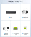 8 Channel 1080P Wired Home Security System With Standalone DVR And 1TB HDD contents: DVR, USB mouse, power adapter, sign, guide.