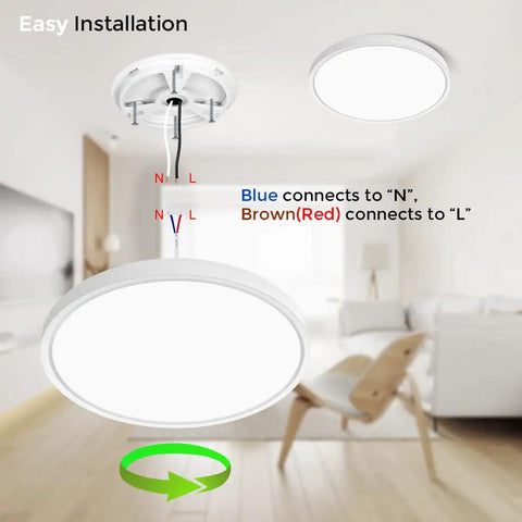 Easy installation of Ultra-Thin 24 Inch LED Flush Mount Ceiling Light, 45W, 5600 Lumens, 5000K Daylight White with wiring diagram.