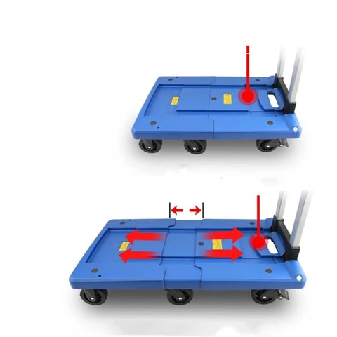 Heavy Duty Folding Hand Cart With Retractable Handle And Ridiculously Sturdy Base For Smooth Hauling Around Warehouses Homes Or Offices Hassle Free Portable Platform Truck That Handles The Grind Effortlessly, showing foldable blue platform with wheels.