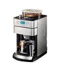 Fully Automatic All In One Coffee Maker With Grinder Drip And Espresso Style Brewing One Touch Operation One Point Five Liter Water Tank 1000W Power Anti Drip Fine Filtration Adjustable Grind Metallic Finish Compact Home Coffee Machine front view with grinder and carafe