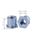 Two Thirty Pack Hex Head Galvanized Carbon Steel Through Hole Rivet Nut Columns showing threaded interiors and dimensions.
