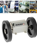 No Sweat Rolling Wheel Length Counter With Rock Solid Five Digit Dial and Snappy Reset Lever for tallying fabric rolls.