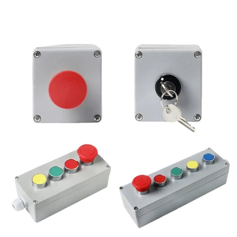KLVN cast aluminum push-button control box with red emergency mushroom button and colored push switches; lockable enclosure