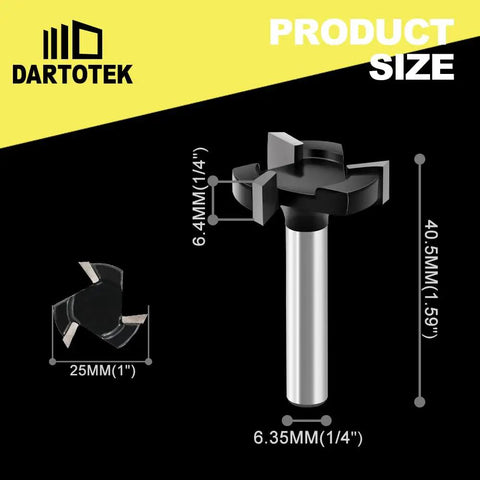 CNC Spoilboard Surfacing Router Bit Set One Quarter Inch Shank One Inch Cutting Diameter Beefy Four Pack With Three Wing Planer Bits And One Router Collet For Slab Flattening And Wood Surface Planing, shown with dimensions