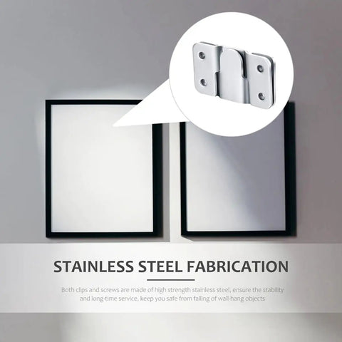 Gonna Look Awesome With These Rock Solid 16 Pair Stainless Steel Interlocking Picture Hooks Heavy Duty Mirror Hangers close-up of interlocking clip and wall frames.