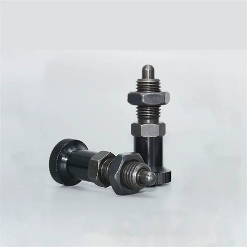 Heavy Duty Indexing Plunger Spring Lock Pin Aluminum Knob Screw Fine Thread Rigged Up Slick For Tight Fits shown in black finish.
