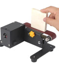 Get Your Hands On This Compact Mini Belt Sander Electric Bench Grinder, small size, black chassis polishing wood.