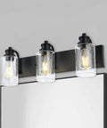 Three Light Black Vanity Light Fixtures Over Mirror With Seeded Glass Shades Industrial Wall Mount Lamps For The Bathroom
