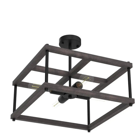 4 Light Farmhouse Semi Flush Mount Ceiling Light Rustic Wood And Black Metal Industrial Vibe Fixture For Living Room Dining Room Hallway Kitchen Entryway Now, angled view