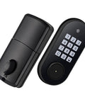 Rock Solid Electronic Keypad Deadbolt With Automatic Locking and Sleek Keyless Entry Design, showcasing metal casing and numeric keypad.