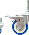 Boss Level Two Inch Swivel Casters With Threaded Stem M8 M10 M12 Polyurethane Wheels And Dual Brake System, showing blue polyurethane wheels.