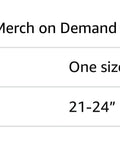 Amazon Merch on Demand size chart showing one size cap fitting head sizes 21-24 inches.