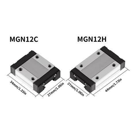 MGN12C and MGN12H slide blocks with dimensions for Rock Solid Linear Rail Kit 100 To 800mm With Two Black MGN15 Slide Blocks