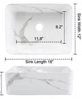 Rectangular Above Counter Vessel Sink 16 By 12 Inch Porcelain Ceramic Bathroom Sink With Faucet And Pop Up Drain Included White And Black Finish Stain Resistant Sleek Modern Vanity Upgrade For Your Bathroom, top and side dimensions view.