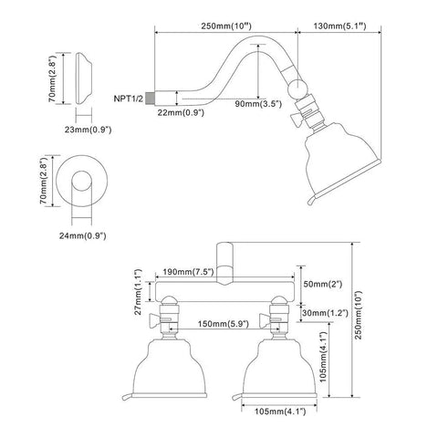 Technical diagram of Dual Shower Head System With Shut Off Valve And Shower Arm Twin High Pressure Five Function Sprayers