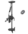 Rig Ready 12 Volt Transom Trolling Motor 55 Lbs Thrust with remote control mounted vertically for bass fishing use.