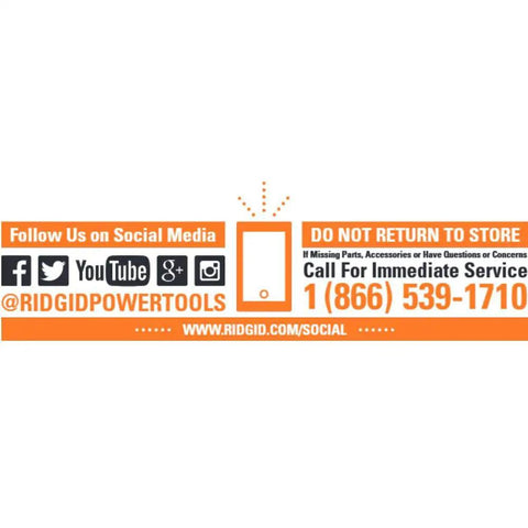 Social media contact information banner for RIDGID Power Tools, encouraging customer service calls and social media follows.