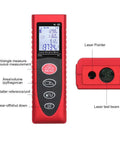 BE-TOOL Laser Measure, Laser Distance Meter (M/in/F), Mute Function Large LCD Backlit showing measurement features in black and red.