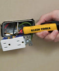 Home Inspector Tool Kit With Digital Moisture Meter, Non Contact Voltage Tester, And GFCI Outlet Tester shown testing wiring