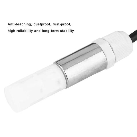 Close-up of rugged temperature humidity sensor with I2C output in stainless steel and plastic housing