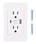 Slick Dual USB Wall Outlet With Type C Port, heavy-duty flame retardant PC faceplate electrical receptacle with screws.