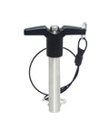 Top Notch 8 Mm Quick Release Pin Made From Heavy Duty Stainless Steel For Tough Jobs And Fast Tool Swap Ups With Button Lock. Silver pin with black handle.