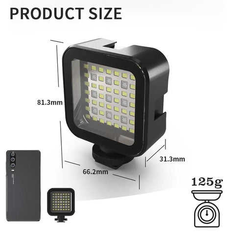 Product size image of Underwater Video Fill Light With 49 LED Beads, 5000 Lux At 20cm, 7 Modes RGB, 30m Waterproof Dive Light For Action Cameras And GoPros