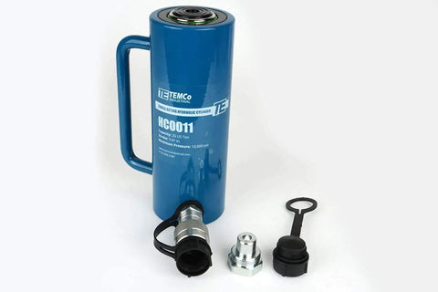 Built Tough Heavy Duty 20 Ton Hydraulic Cylinder With Six Inch Stroke Single Acting Ram Pumping Out Ten Thousand Psi, blue, includes fittings.