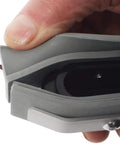 Close-up of dual blade edges of Heavy Duty Wet Dry Squeegee Vacuum Tool With 2 Piece S-Wand For 1.5 Inch Hose, held in hand.