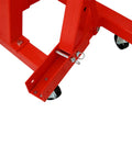Foldable Hydraulic Engine Hoist And Cherry Picker With Six Heavy Duty Steel Casters 4400 LB Capacity Badass Workhorse Shop Crane For Garage Mechanics And Repair Red base with sturdy casters.
