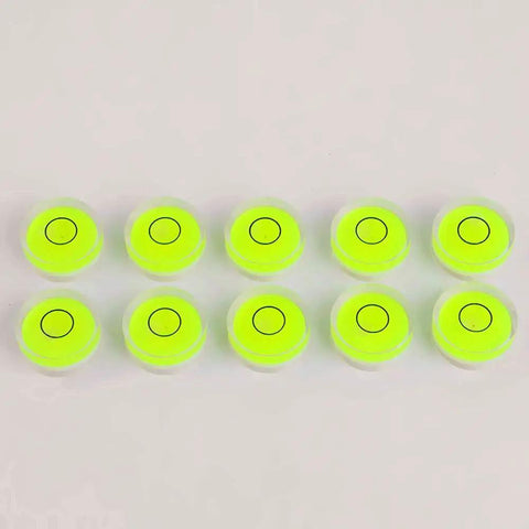 Nailed It Precision Mini Circular Bubble Spirit Level 10 Pack 12X6mm dual axis gauges in rows with bright yellow bulges.