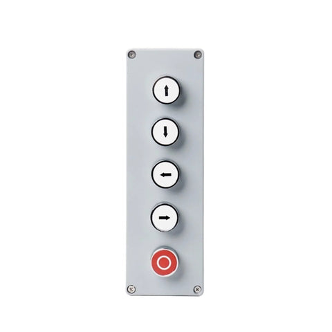 Rugged explosion-proof control box with emergency stop and directional push buttons for harsh environments, ideal for industrial use.