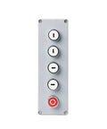 Explosion proof industrial control box with push buttons and emergency stop, designed for harsh environments and durability.