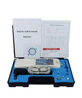 Digital Push Pull Force Gauge Dynamometer With Usb Sync And Auto Peak Readout For No Sweat Tension And Compression Testing Rated At Three Hundred Newtons kit in case with manual and accessories.