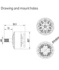 Technical drawing of Beast 2207.5 FPV Motor 1750KV For 5 Inch Drones with N52H magnets, showing dimensions and mount holes.