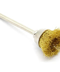 60 Piece Brass Wire Brush Set For Rotary Tools Designed To Knock Stubborn Rust Strip Oxide And Polish Metal Surfaces Fast Featuring A Durable One Eighth Inch Shaft. Close-up view of a brass rotary wire brush with a shank.