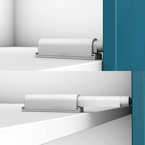 Close-up of Push To Open Magnetic Cabinet Latch Set 2 Pack Door Catch with Spring Loaded Plunger in use on door.