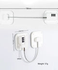 Totally Kid Safe Zero Combination Fridge And Cabinet Lock Set For Home Security With No Sweat Setup Quick Release Latch White Four Piece Kit shown with dimensions and installation features.