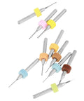 Pro Grade Tungsten Carbide Micro Drill Bits Set for PCB Circuit Boards, 10 Pack, displayed with colored rings for size indication.