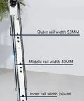 Heavy Duty Three Section Drawer Slides Full Extension Ball Bearing Cabinet Tracks Side Mount Glides showing rail widths of 53MM, 40MM, and 26MM.