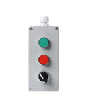 Front view of a metal push-button control box with green and red push-buttons and a bottom black rotary switch.