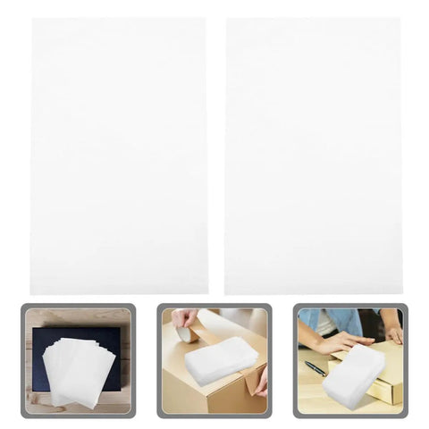 White Epe Foam Wrap Pouches 200 Pack For Packing And Shipping displayed against a cardboard box for handling fragile stuff.