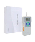 Digital Push Pull Force Gauge Portable Dynamometer 300N Test Meter with display, compact design, and box for storage.
