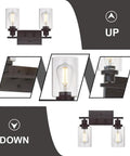 Two Light Industrial Wall Mount Sconces In Oil Rubbed Bronze With Clear Glass Shades For Bathroom Bedroom Living Room Kitchen Hallway Dope Look Dimmable Ambience Easy Install, showing up and down installation options, close-up view of finish and bulb details