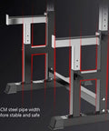 Close-up of adjustable multifunction squat rack with dip stand and barbell holder for home gym, 5cm steel frame detail.