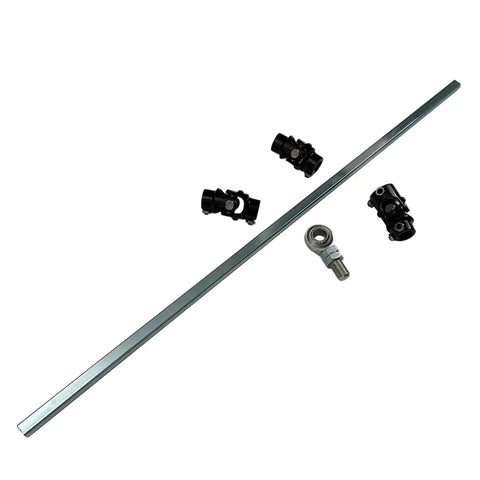Rattling Free Universal 36 Inch Steering Shaft Support Kit With Solid Steel 3/4 In Double D Shaft And Three Black U Joints Includes Zinc Plated heim Bearing.