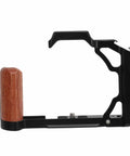 Side view of Wood Handle Aluminum Camera Cage Rig With 1/4 Inch And 3/8 Inch Screw Holes, Cold Shoe Mount, Vertical Video Mounts.