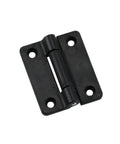 Front view of black metal cabinet door hinge, two-leaf with four mounting holes and central pivot.