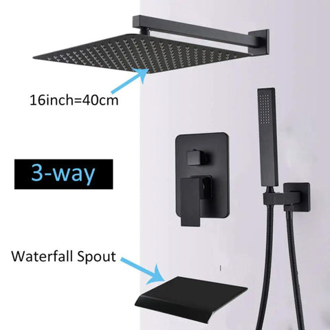 UMJIGF Concealed Shower System Wall Mounted Shower Faucet Set Multifunction Matte Black with 16-inch square shower head and waterfall spout.