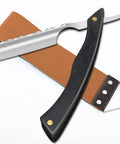 Premium Straight Razor And Leather Shaving Strop Set With Sharp Stainless Steel Blade And Smooth Wooden Handle For Men featuring wood grip and leather strop.